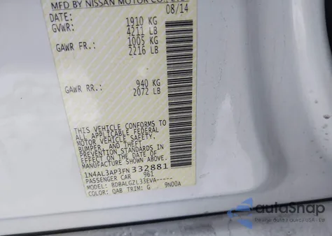 2015 Nissan Altima 2.5/2.5 S/2.5 Sl/2.5 Sv из США, поврежденный, VIN 1N4AL3AP3FN332881